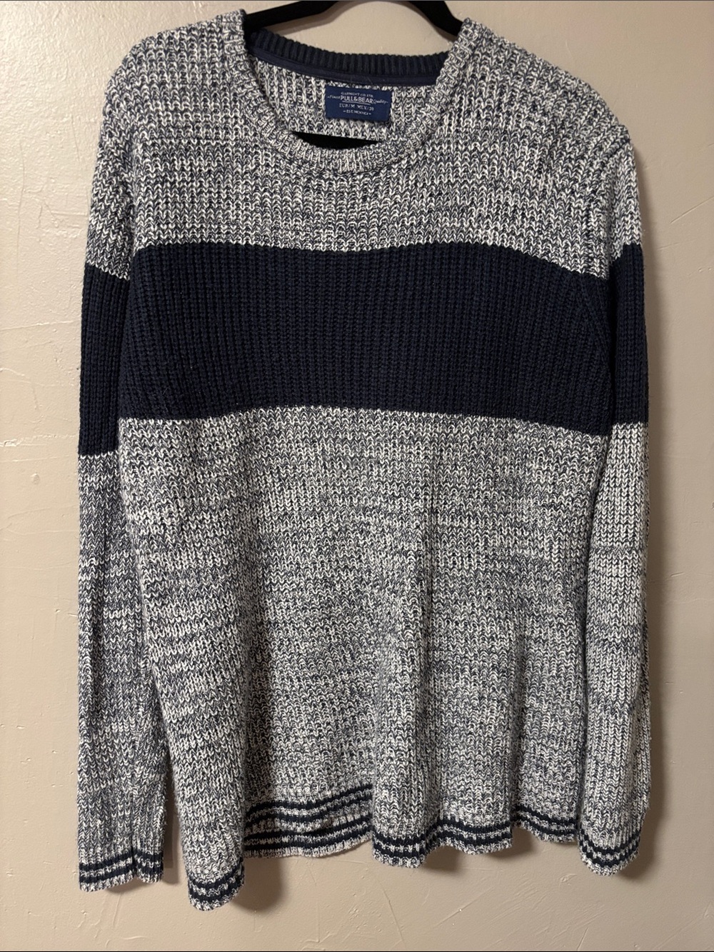 Marled Gray and Navy Stripe Crewneck Sweater